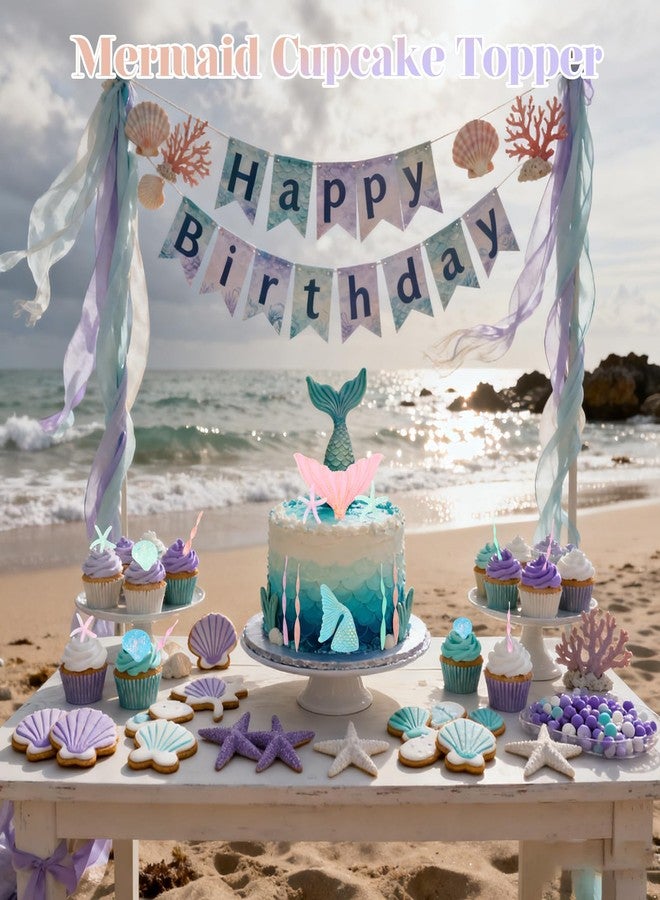 Wootkey 16Pcs Mermaid Cake Topper Mermaid Tail Cake Decorations with Seaweed Shells for Sea Ocean Theme Wedding Birthday Party Supplies - Image 5